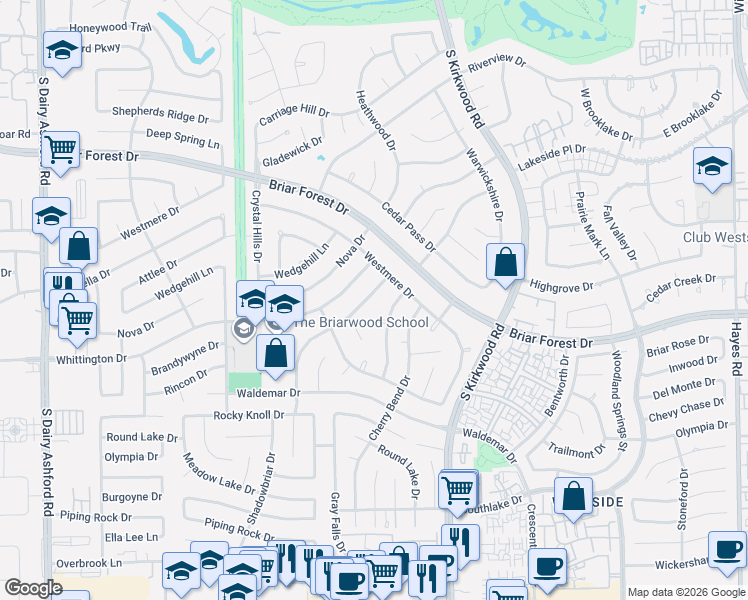 map of restaurants, bars, coffee shops, grocery stores, and more near 12027 Sugar Springs Drive in Houston