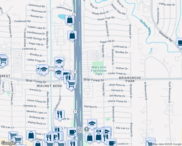 map of restaurants, bars, coffee shops, grocery stores, and more near 10242 Briar Forest Drive in Houston