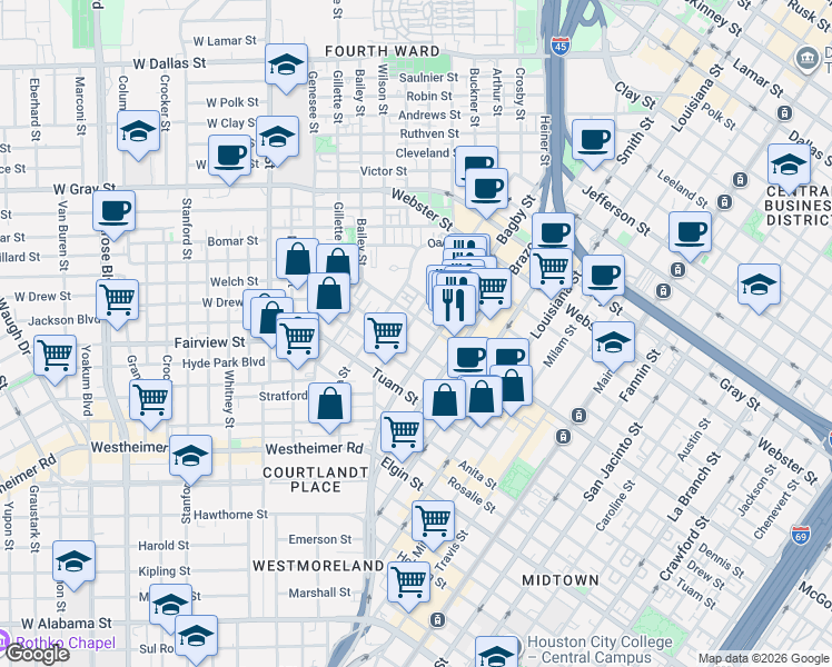 map of restaurants, bars, coffee shops, grocery stores, and more near 308 McGowen Street in Houston