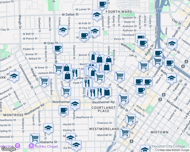 map of restaurants, bars, coffee shops, grocery stores, and more near 214 Fairview Street in Houston