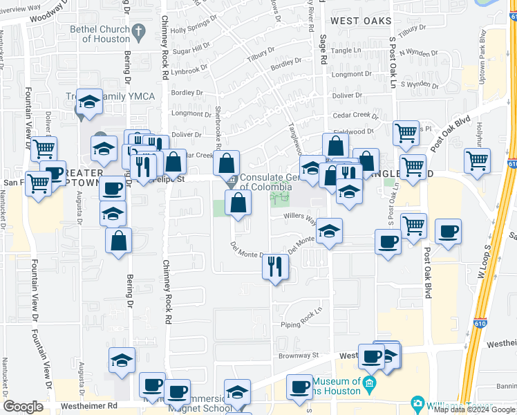 map of restaurants, bars, coffee shops, grocery stores, and more near 1740 Yorktown in Houston