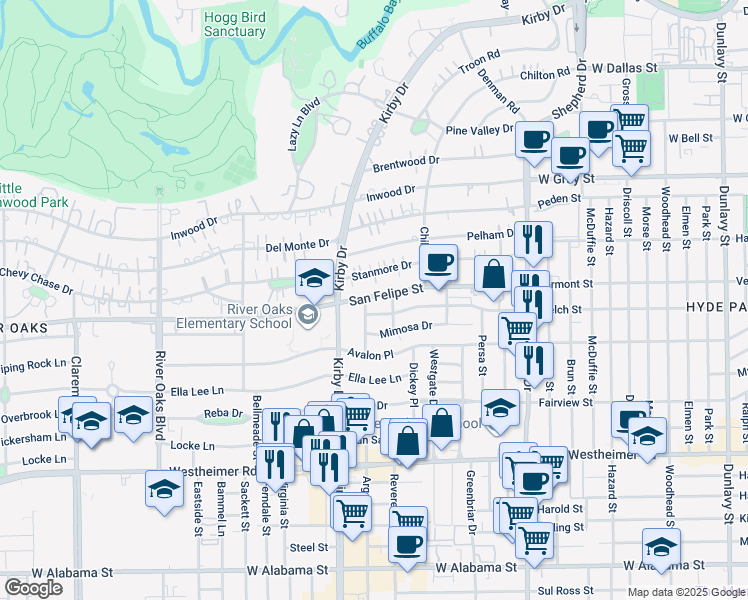 map of restaurants, bars, coffee shops, grocery stores, and more near 2001 Kirby Drive in Houston