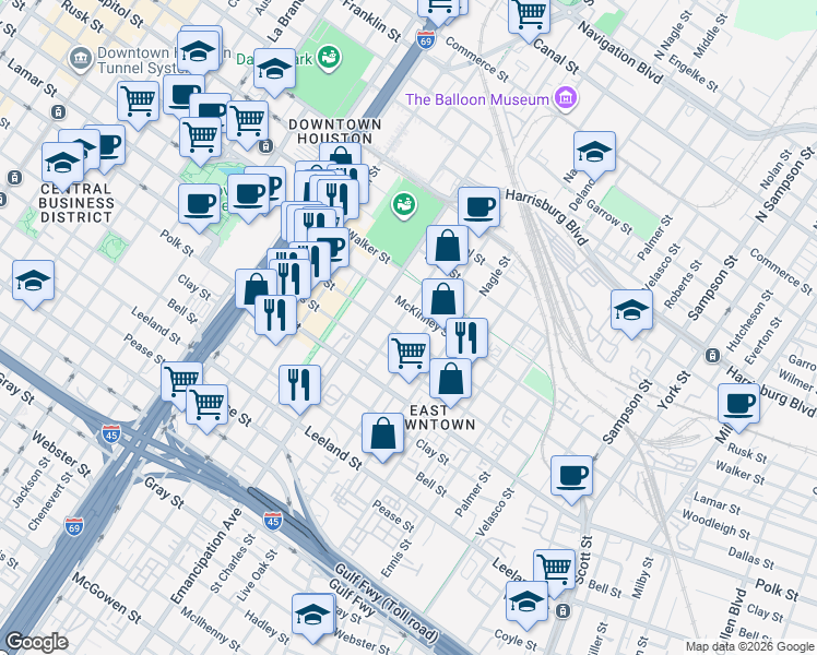 map of restaurants, bars, coffee shops, grocery stores, and more near 2530 Lamar Street in Houston