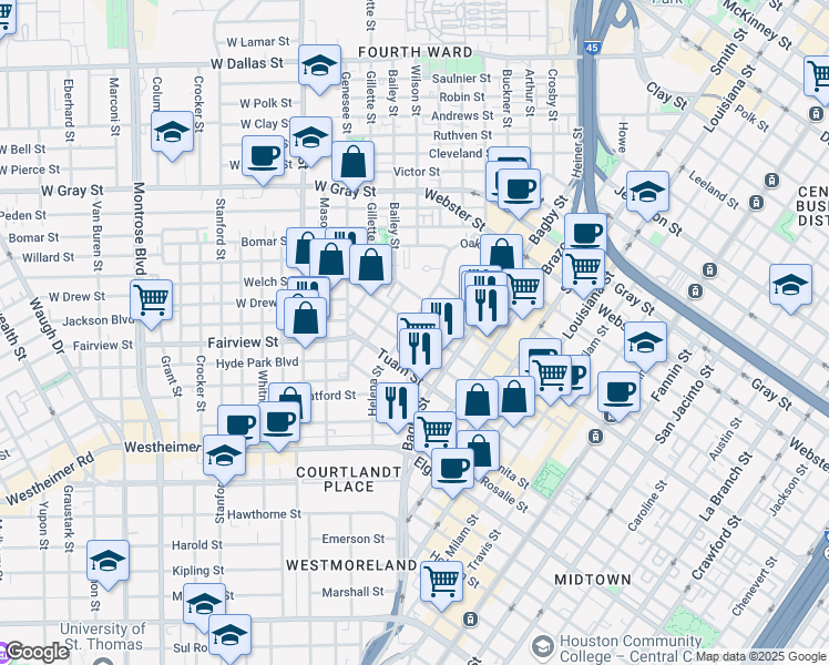 map of restaurants, bars, coffee shops, grocery stores, and more near 202 West Drew Street in Houston
