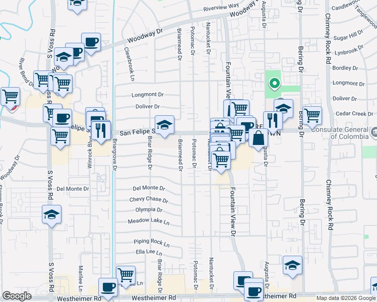 map of restaurants, bars, coffee shops, grocery stores, and more near 1811 Potomac Drive in Houston