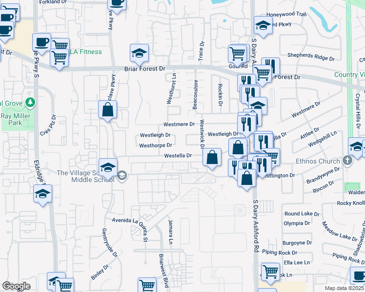 map of restaurants, bars, coffee shops, grocery stores, and more near 12846 Westella Drive in Houston