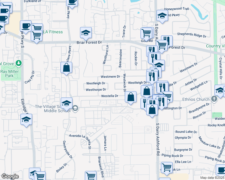 map of restaurants, bars, coffee shops, grocery stores, and more near 12846 Westella Drive in Houston