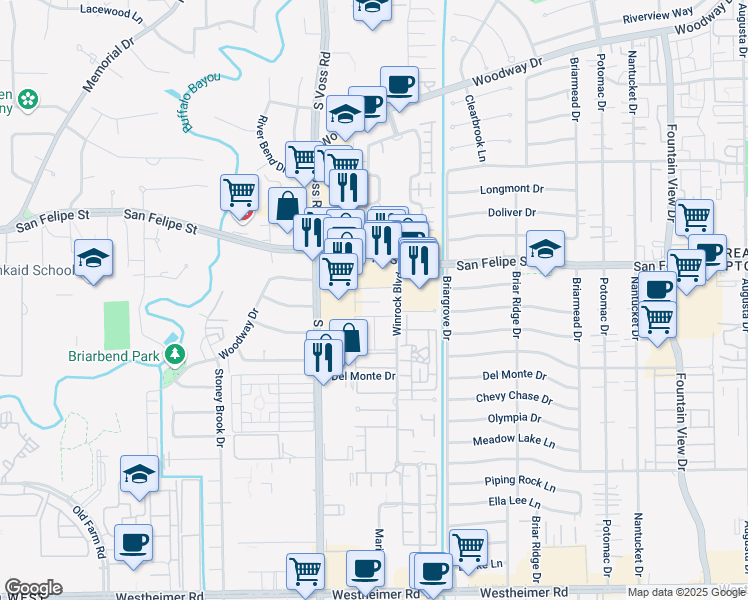 map of restaurants, bars, coffee shops, grocery stores, and more near 1950 Winrock Boulevard in Houston