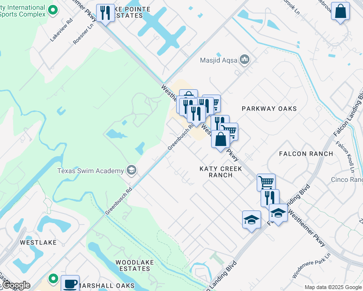 map of restaurants, bars, coffee shops, grocery stores, and more near 25507 Clover Ranch Drive in Katy