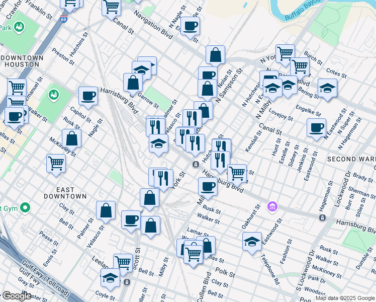 map of restaurants, bars, coffee shops, grocery stores, and more near 3406 Harrisburg Boulevard in Houston