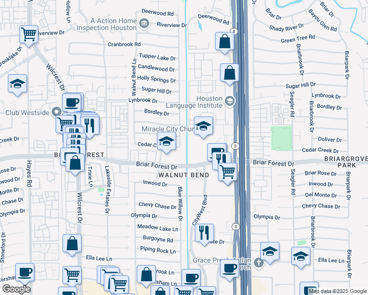 map of restaurants, bars, coffee shops, grocery stores, and more near 10620 Briar Forest Drive in Houston