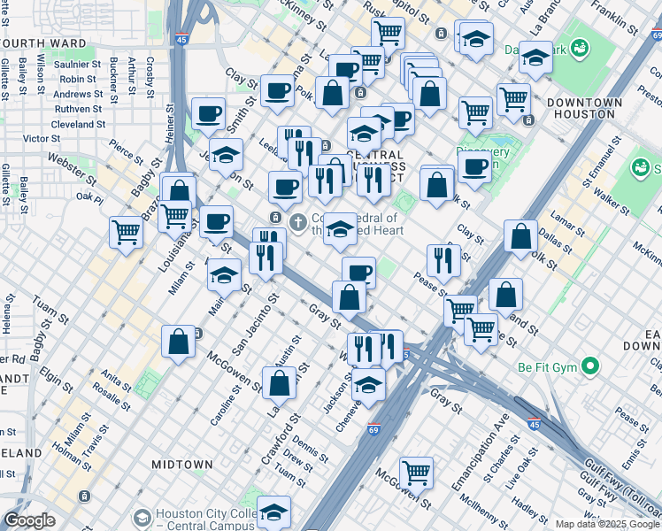 map of restaurants, bars, coffee shops, grocery stores, and more near 1315 Saint Joseph Parkway in Houston