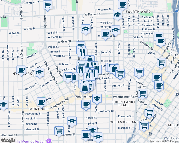 map of restaurants, bars, coffee shops, grocery stores, and more near in Houston