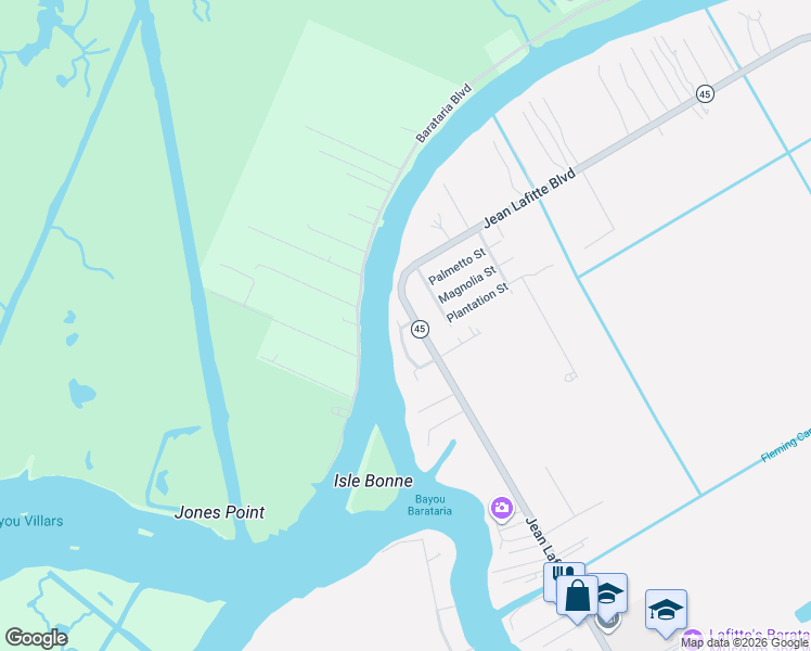 map of restaurants, bars, coffee shops, grocery stores, and more near 2094 Jean Lafitte Boulevard in Jean Lafitte