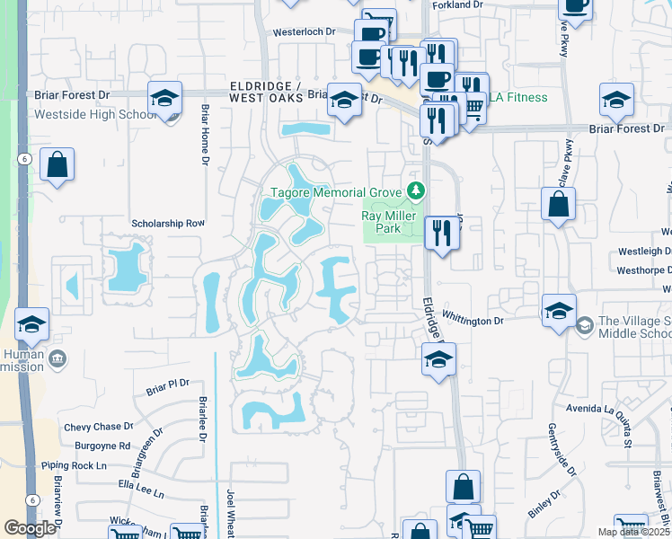map of restaurants, bars, coffee shops, grocery stores, and more near 13623 Morgan Creek in Houston