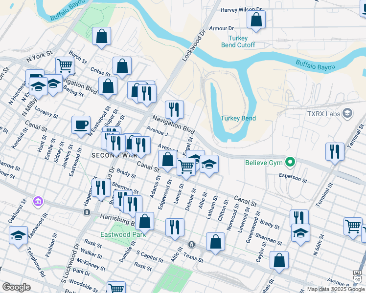 map of restaurants, bars, coffee shops, grocery stores, and more near 302 Engel Street in Houston