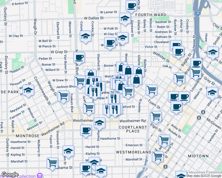 map of restaurants, bars, coffee shops, grocery stores, and more near 315 Fairview Street in Houston