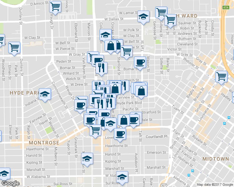 map of restaurants, bars, coffee shops, grocery stores, and more near in Houston