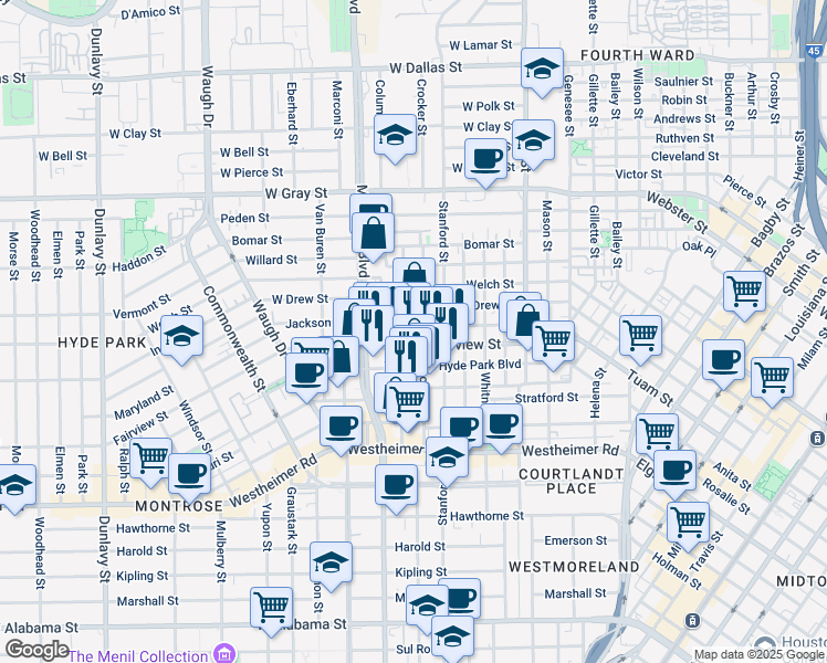 map of restaurants, bars, coffee shops, grocery stores, and more near in Houston