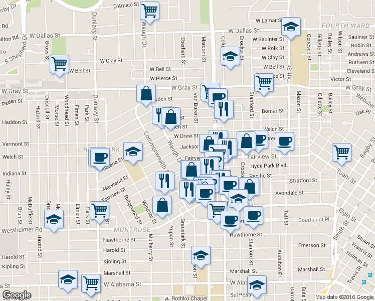 map of restaurants, bars, coffee shops, grocery stores, and more near 1305 Fairview Street in Houston