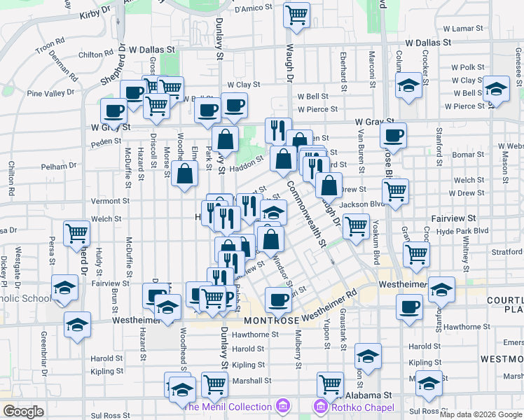 map of restaurants, bars, coffee shops, grocery stores, and more near 2022 Windsor Street in Houston
