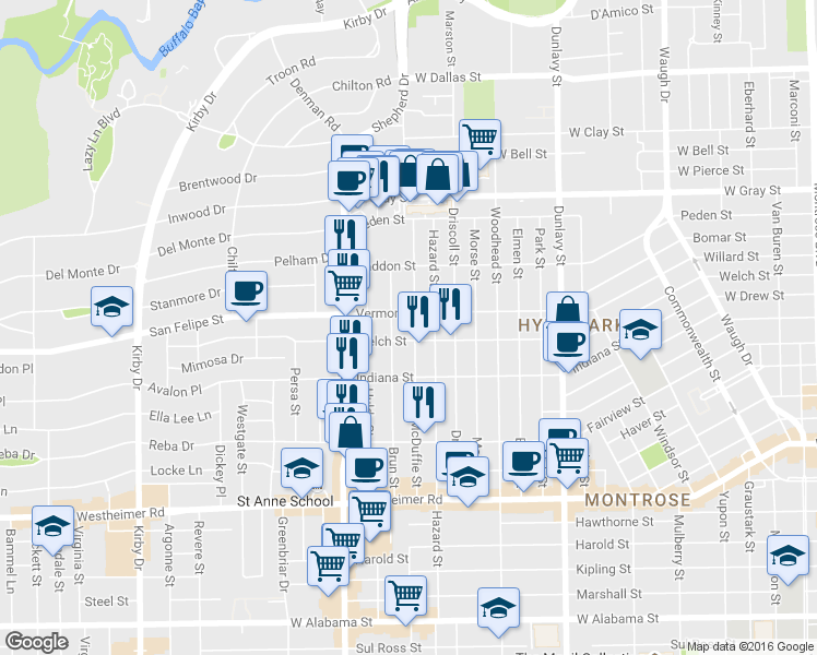 map of restaurants, bars, coffee shops, grocery stores, and more near 1979 Welch Street in Houston