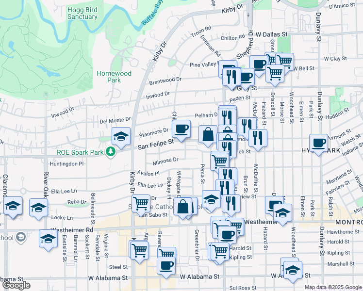 map of restaurants, bars, coffee shops, grocery stores, and more near 2241 Welch Street in Houston
