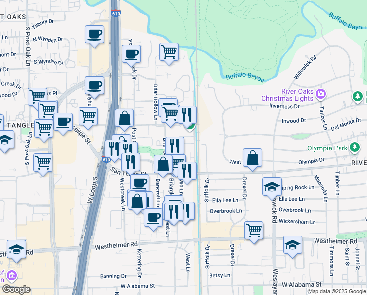 map of restaurants, bars, coffee shops, grocery stores, and more near 23 Briar Way in Houston