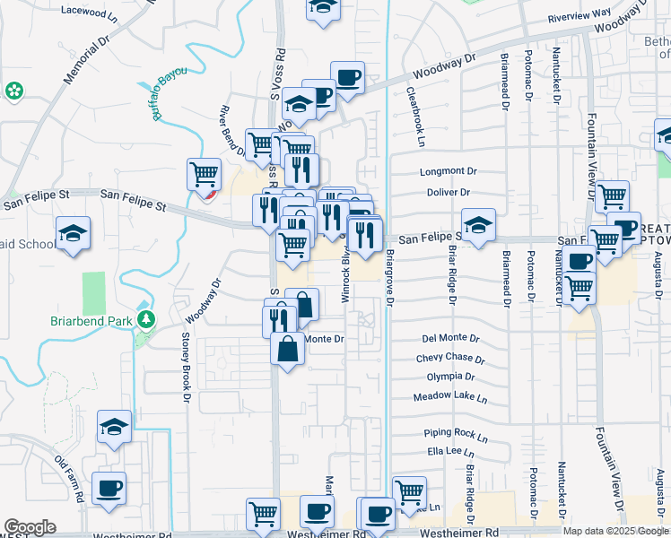 map of restaurants, bars, coffee shops, grocery stores, and more near 2001 Winrock Boulevard in Houston