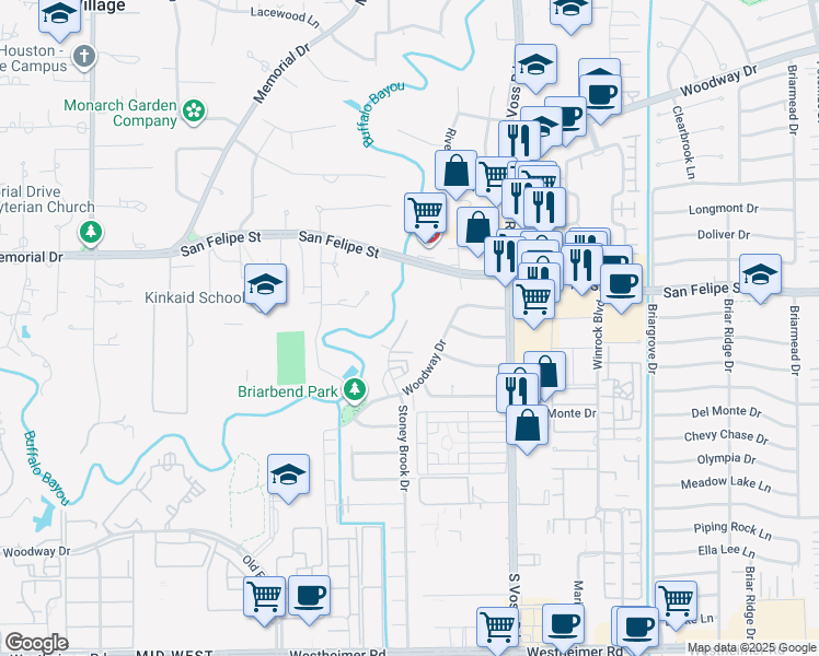 map of restaurants, bars, coffee shops, grocery stores, and more near 1811 Stoney Brook Drive in Houston