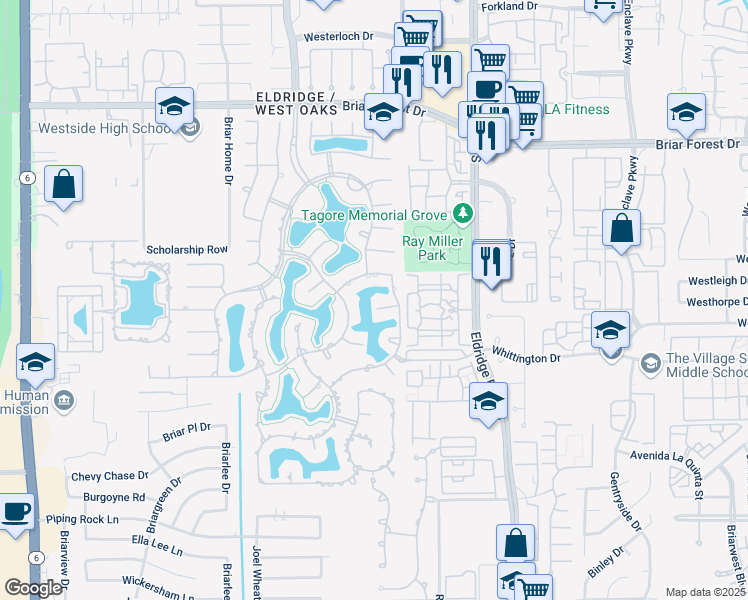 map of restaurants, bars, coffee shops, grocery stores, and more near 13623 Morgan Creek in Houston