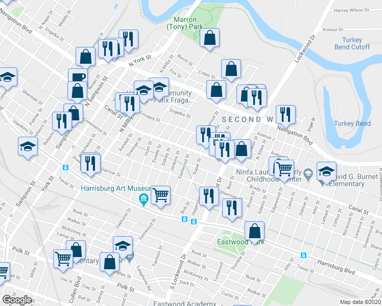 map of restaurants, bars, coffee shops, grocery stores, and more near 4405 Brady Street in Houston