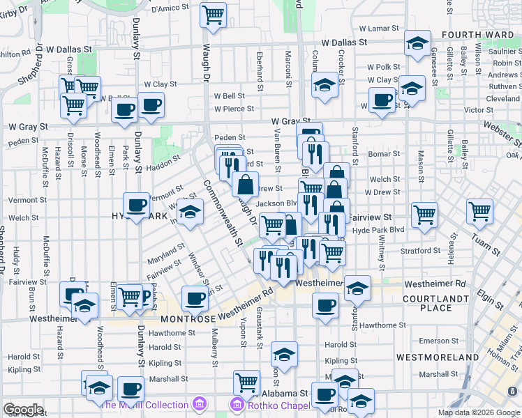 map of restaurants, bars, coffee shops, grocery stores, and more near 1305 Fairview Street in Houston