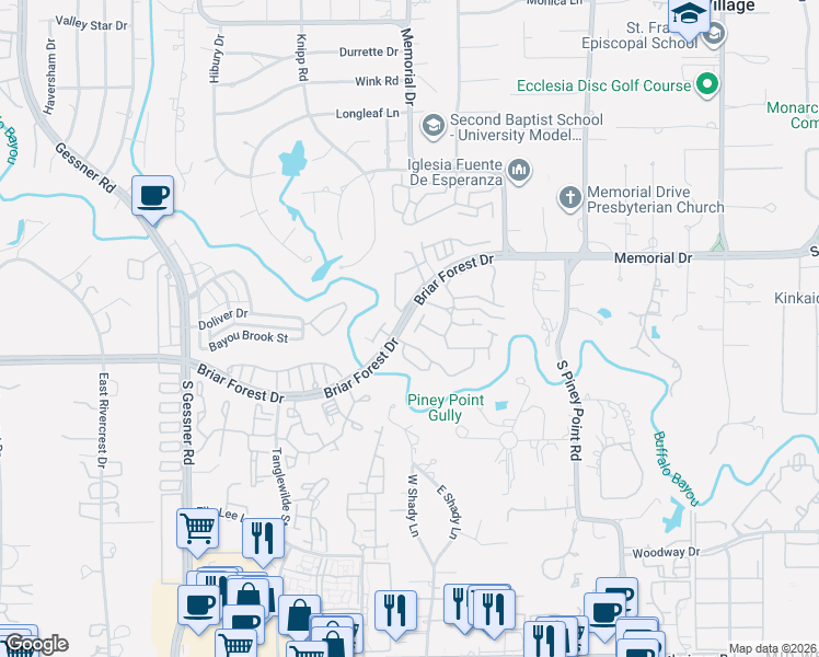 map of restaurants, bars, coffee shops, grocery stores, and more near 9033 Briar Forest Drive in Houston
