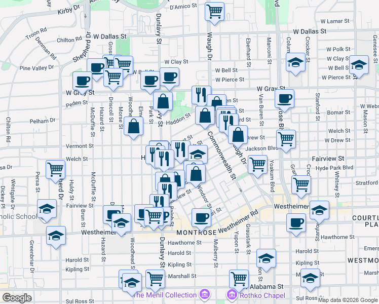 map of restaurants, bars, coffee shops, grocery stores, and more near 2022 Windsor Street in Houston