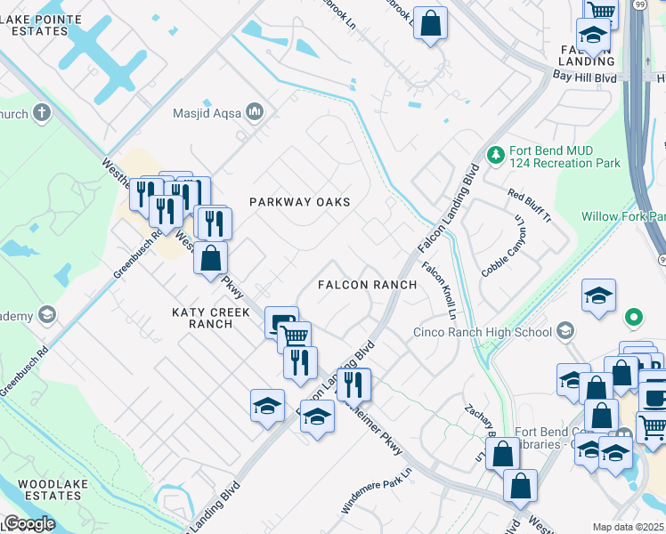 map of restaurants, bars, coffee shops, grocery stores, and more near 2803 Shadow Canyon Lane in Katy