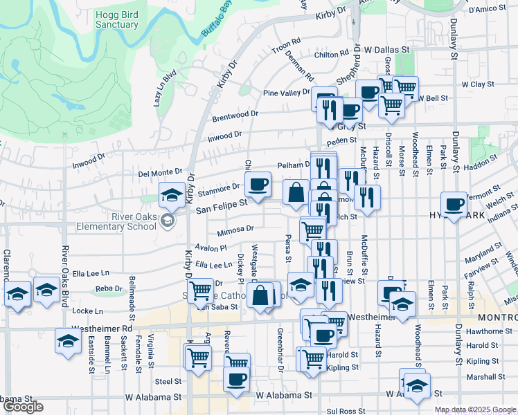 map of restaurants, bars, coffee shops, grocery stores, and more near 2229 San Felipe Street in Houston