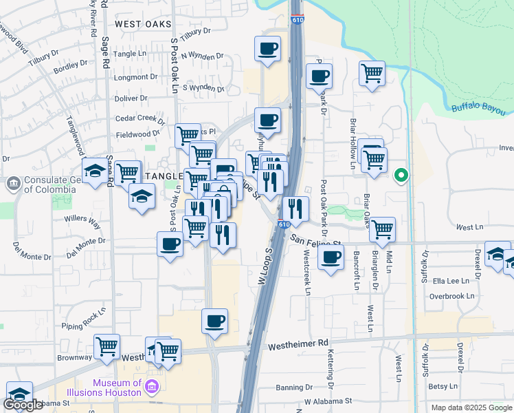 map of restaurants, bars, coffee shops, grocery stores, and more near 4803 San Felipe Street in Houston