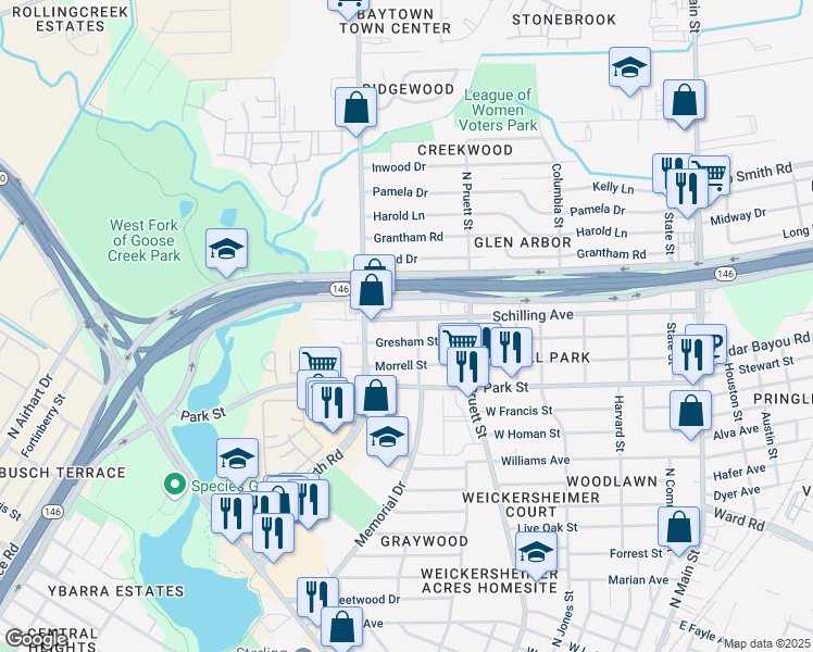 map of restaurants, bars, coffee shops, grocery stores, and more near 707 Gresham Street in Baytown