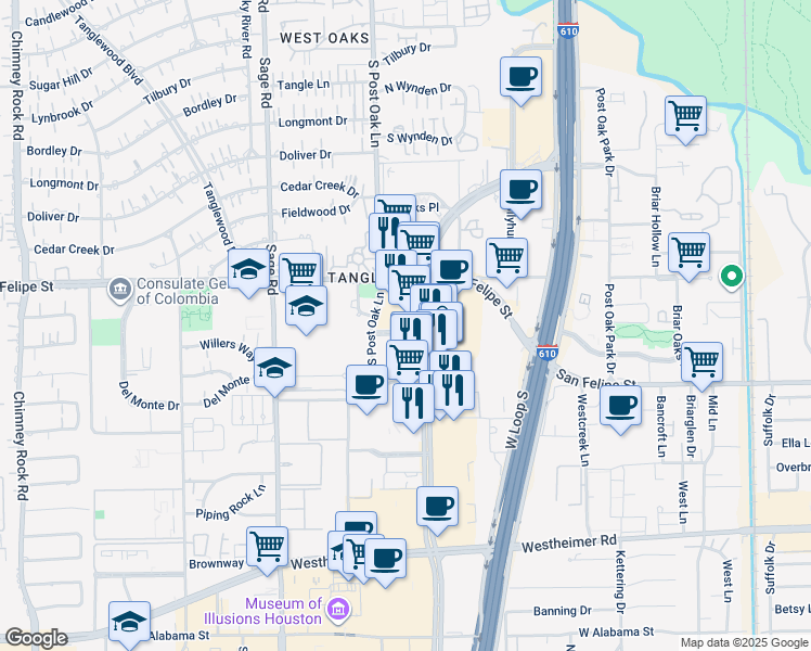 map of restaurants, bars, coffee shops, grocery stores, and more near 1800 Post Oak Boulevard in Houston