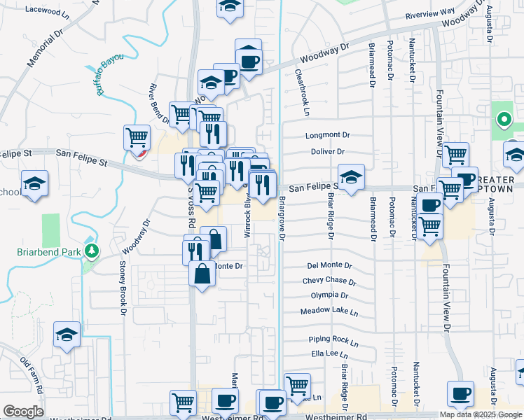 map of restaurants, bars, coffee shops, grocery stores, and more near 6363 San Felipe Street in Houston