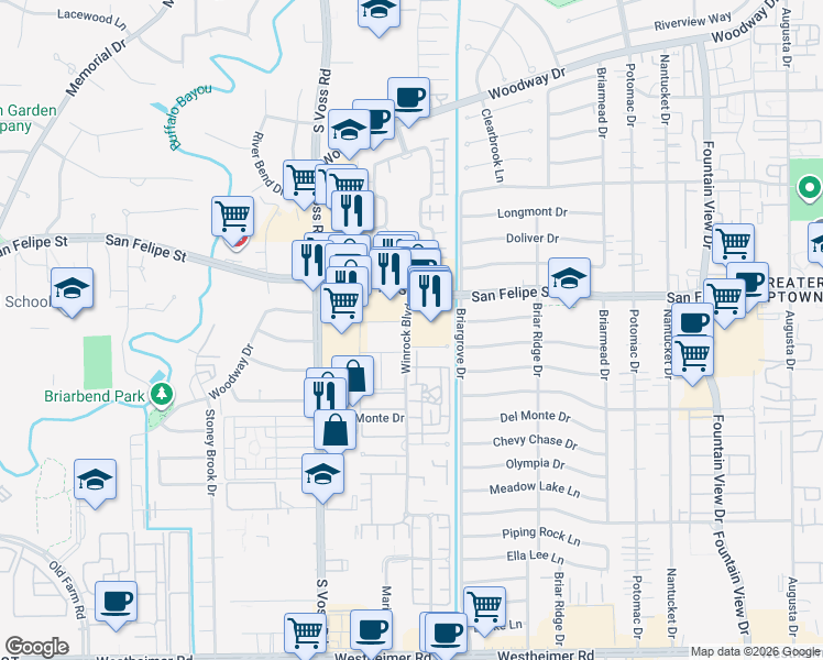 map of restaurants, bars, coffee shops, grocery stores, and more near 6363 San Felipe Street in Houston