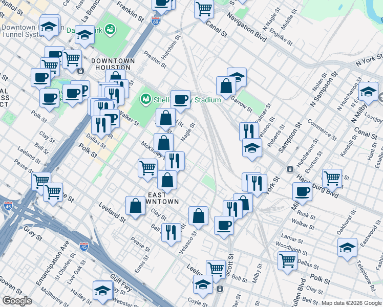 map of restaurants, bars, coffee shops, grocery stores, and more near 2805 McKinney Street in Houston