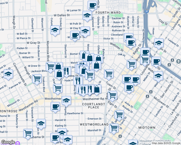 map of restaurants, bars, coffee shops, grocery stores, and more near 211 Fairview Street in Houston