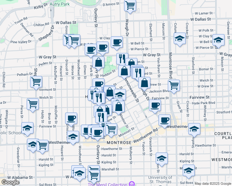 map of restaurants, bars, coffee shops, grocery stores, and more near 2022 Windsor Street in Houston