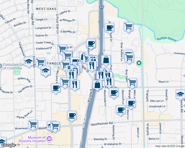 map of restaurants, bars, coffee shops, grocery stores, and more near 4747 San Felipe Street in Houston