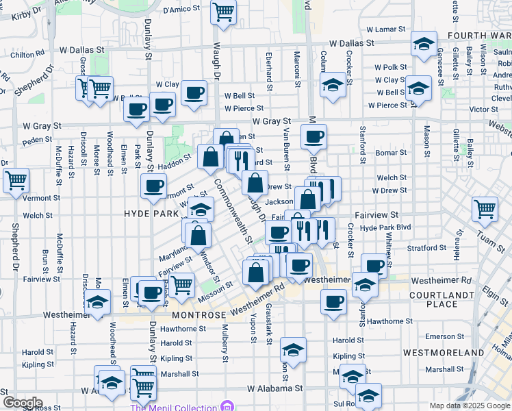 map of restaurants, bars, coffee shops, grocery stores, and more near 2318 Waugh Dr in Houston