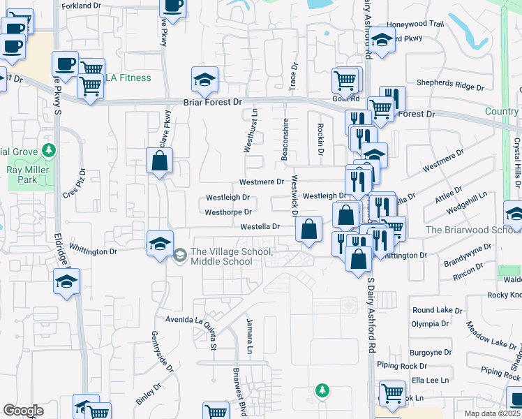 map of restaurants, bars, coffee shops, grocery stores, and more near 12846 Westella Drive in Houston