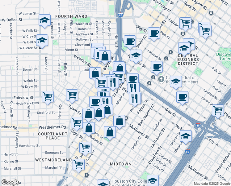 map of restaurants, bars, coffee shops, grocery stores, and more near 2303 Louisiana Street in Houston