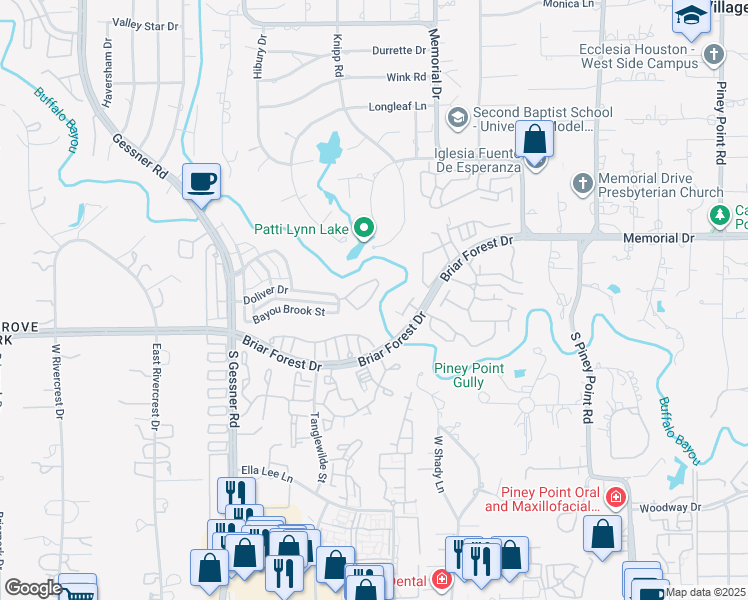 map of restaurants, bars, coffee shops, grocery stores, and more near 9400 Doliver Drive in Houston